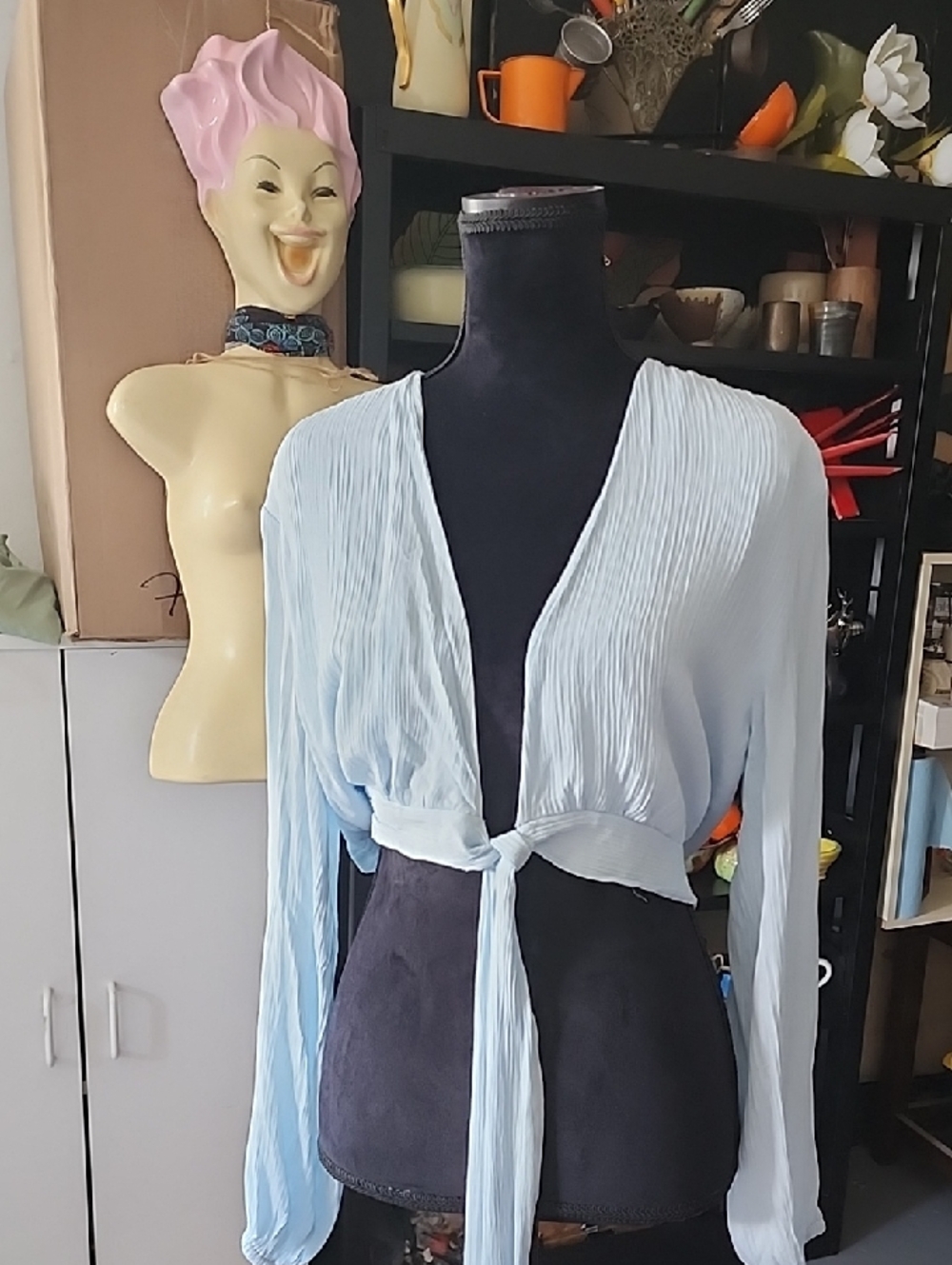 Light Blue Sheer Tie-Front Blouse